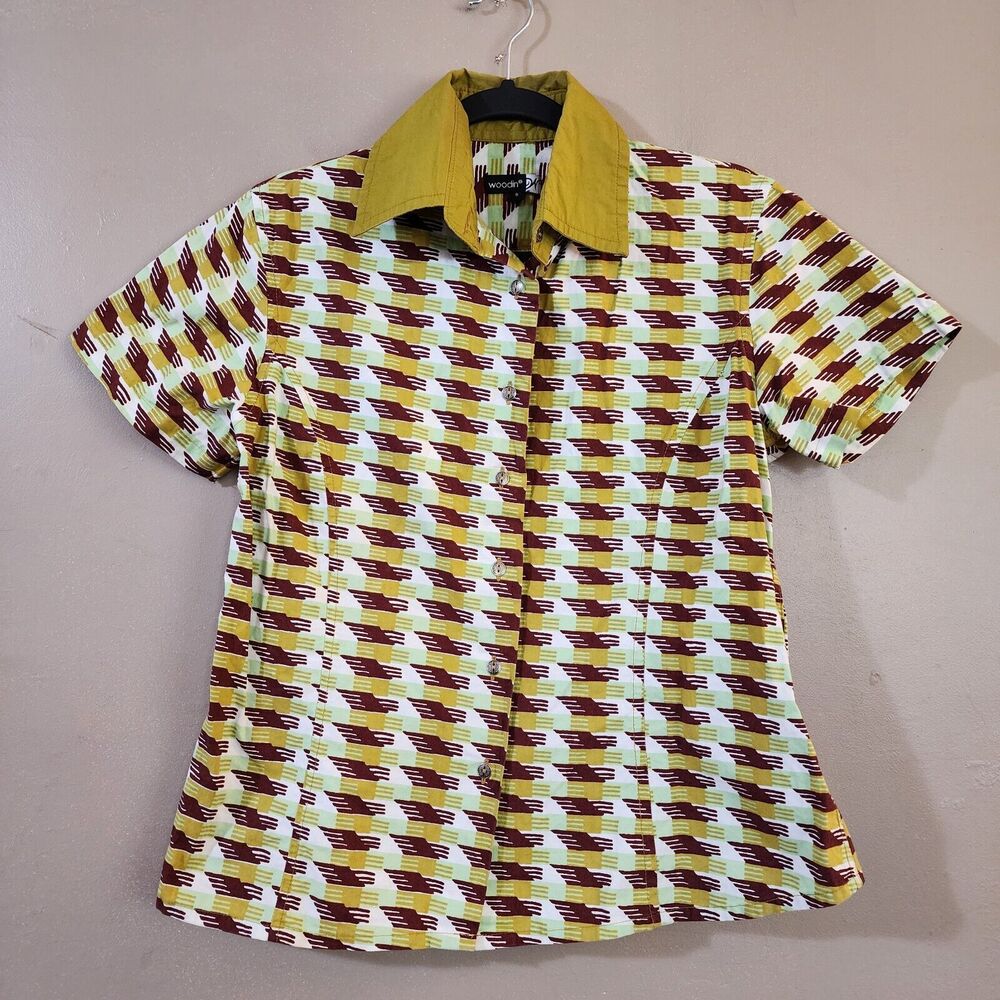 Woodin Womens Top Size S Green Maroon Short Sleeve Button Down